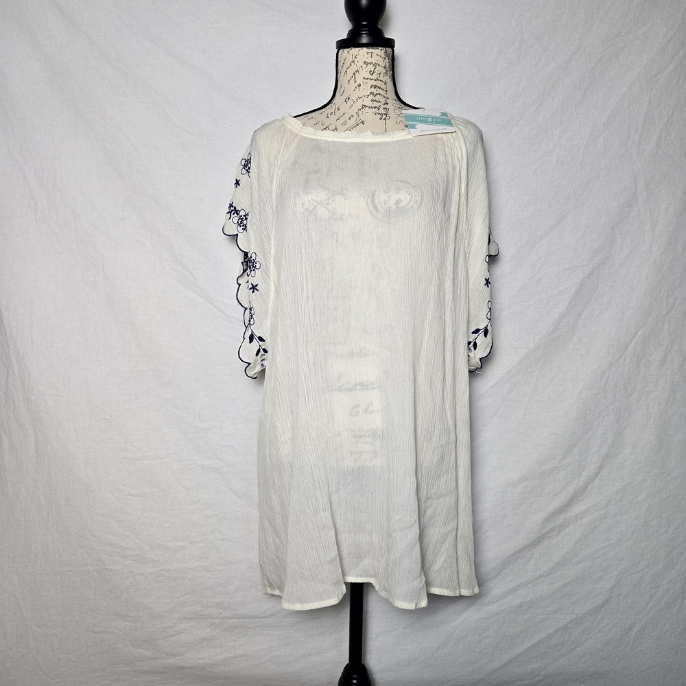 Umgee Boho Floral Embroidered Scalloped Sleeve Dress Tunic - S (Oversized)